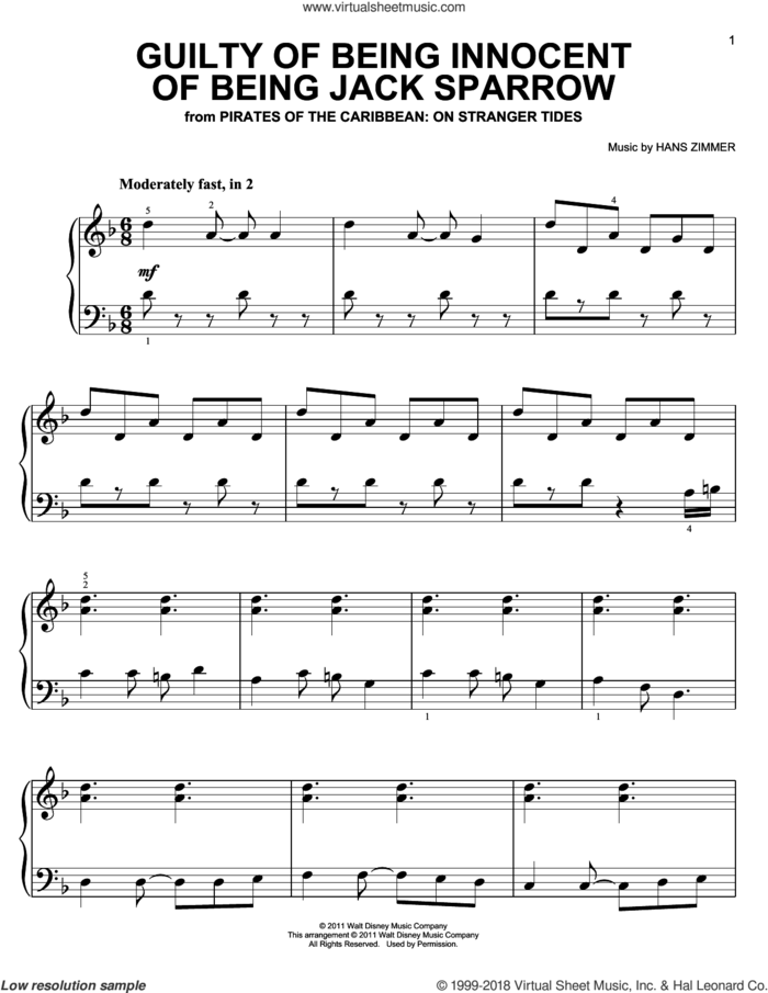 Guilty Of Being Innocent Of Being Jack Sparrow sheet music for piano solo by Hans Zimmer and Pirates Of The Caribbean: On Stranger Tides (Movie), easy skill level