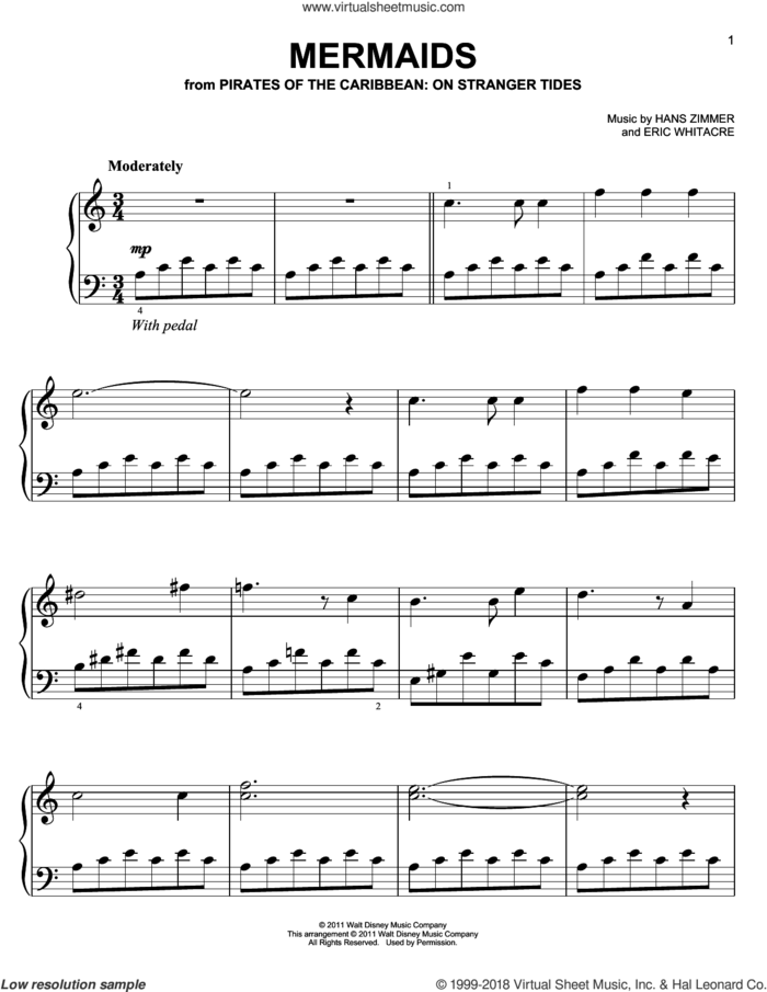 Mermaids, (easy) sheet music for piano solo by Hans Zimmer and Pirates Of The Caribbean: On Stranger Tides (Movie), easy skill level