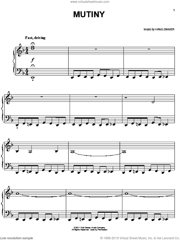 Mutiny sheet music for piano solo by Hans Zimmer and Pirates Of The Caribbean: On Stranger Tides (Movie), easy skill level