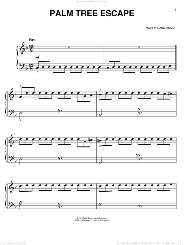 Palm Tree Escape, (easy) sheet music for piano solo by Hans Zimmer, Pirates Of The Caribbean: On Stranger Tides (Movie), Rodrigo y Gabriela, Gabriela Quintero and Rodrigo Sanchez, easy skill level