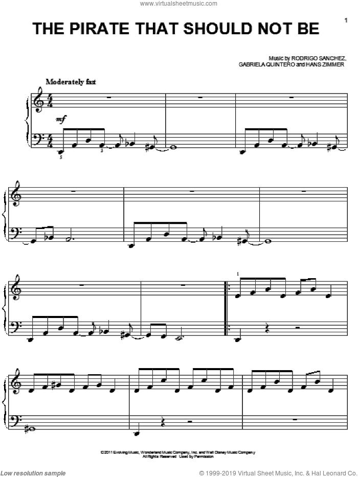 The Pirate That Should Not Be sheet music for piano solo by Hans Zimmer, Pirates Of The Caribbean: On Stranger Tides (Movie), Gabriela Quintero, Rodrigo Sanchez and Rodrigo y Gabriela, easy skill level