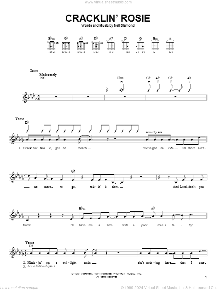 Cracklin' Rosie sheet music for guitar solo (chords) by Neil Diamond, easy guitar (chords)