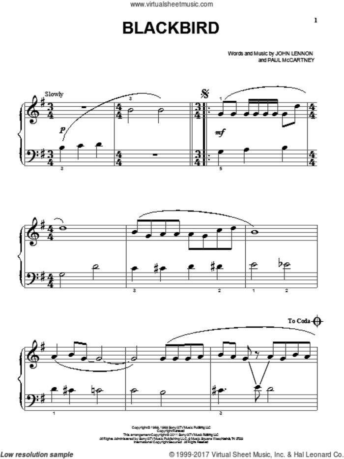 Blackbird, (beginner) sheet music for piano solo by The Beatles, John Lennon and Paul McCartney, beginner skill level