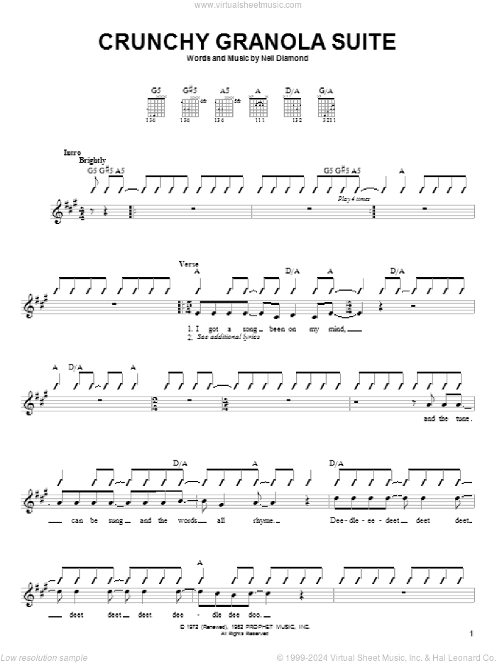 Crunchy Granola Suite sheet music for guitar solo (chords) by Neil Diamond, easy guitar (chords)