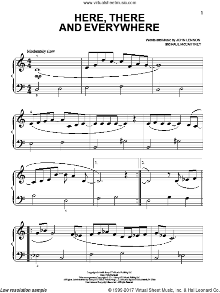 Here, There And Everywhere, (beginner) sheet music for piano solo by The Beatles, John Lennon and Paul McCartney, wedding score, beginner skill level