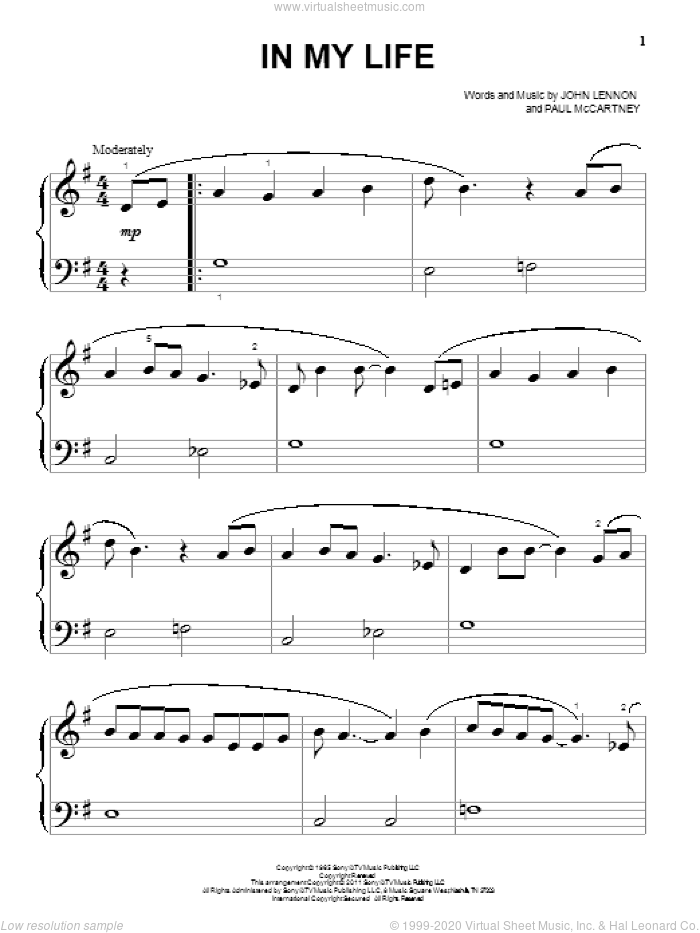 In My Life, (beginner) sheet music for piano solo by The Beatles, John Lennon and Paul McCartney, wedding score, beginner skill level