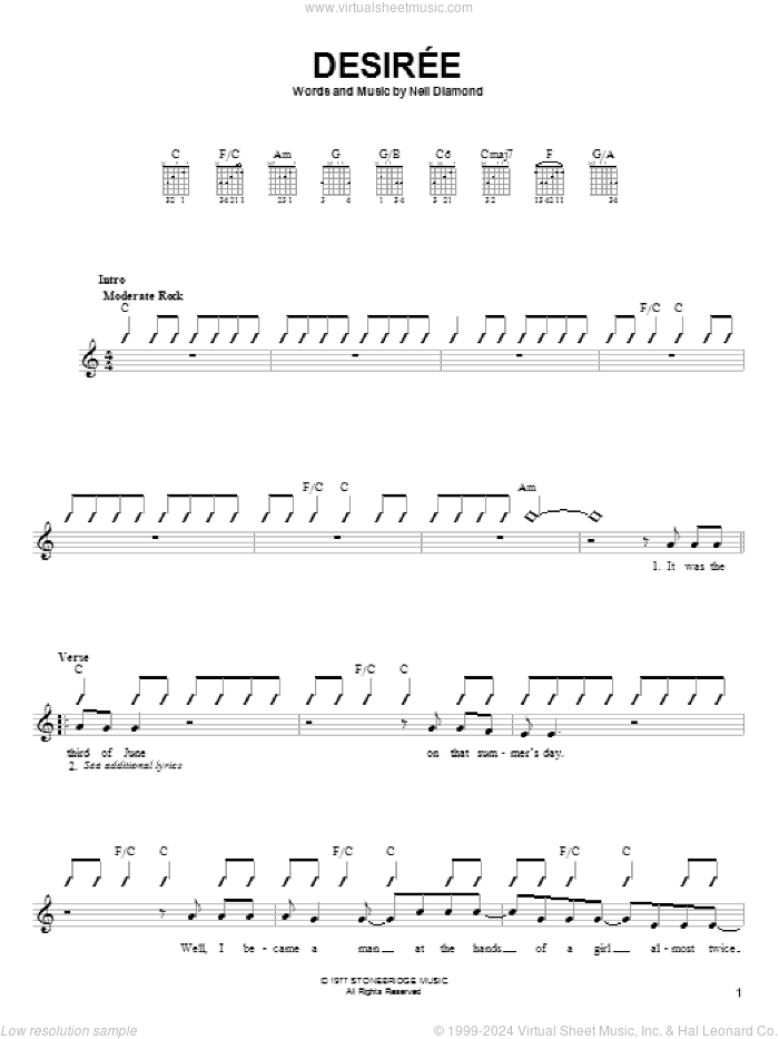 Desiree sheet music for guitar solo (chords) by Neil Diamond, easy guitar (chords)