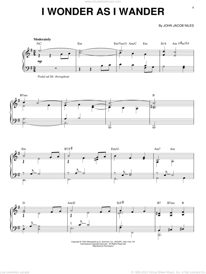 I Wonder As I Wander sheet music for voice and piano by Vanessa Williams and John Jacob Niles, intermediate skill level