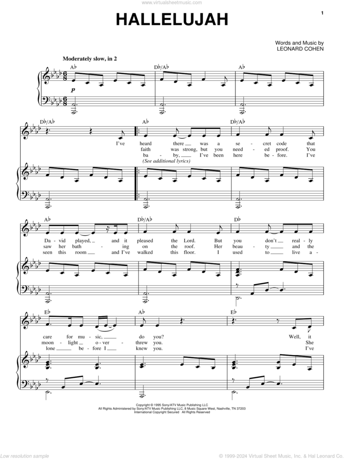 Hallelujah sheet music for voice and piano by Allison Crowe and Leonard Cohen, intermediate skill level