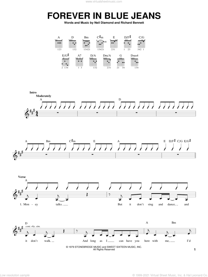 Forever In Blue Jeans sheet music for guitar solo (chords) by Neil Diamond and Richard Bennett, easy guitar (chords)