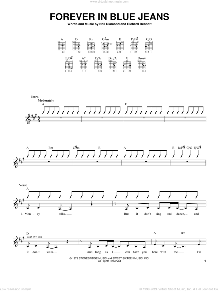 Forever In Blue Jeans sheet music for guitar solo (chords) by Neil Diamond and Richard Bennett, easy guitar (chords)