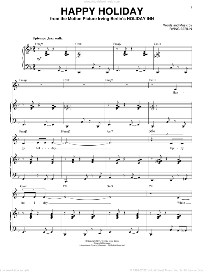 Happy Holiday sheet music for voice and piano by Peggy Lee and Irving Berlin, intermediate skill level