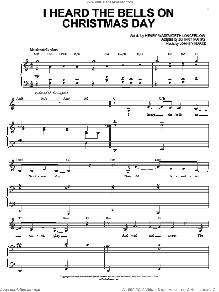I Heard The Bells On Christmas Day sheet music for voice and piano by Sarah McLachlan, Henry Wadsworth Longfellow and Johnny Marks, intermediate skill level