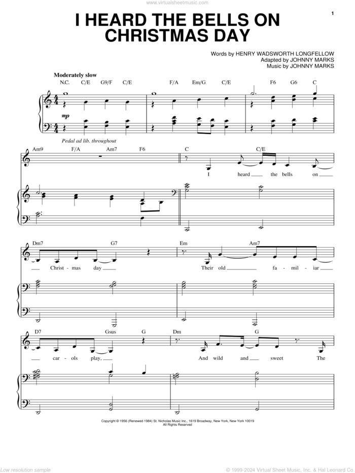 I Heard The Bells On Christmas Day sheet music for voice and piano by Sarah McLachlan, Henry Wadsworth Longfellow and Johnny Marks, intermediate skill level