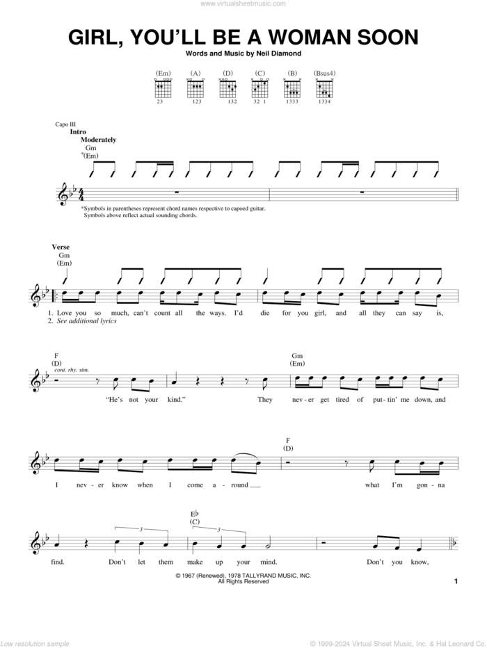 Girl, You'll Be A Woman Soon sheet music for guitar solo (chords) by Neil Diamond and Urge Overkill, easy guitar (chords)