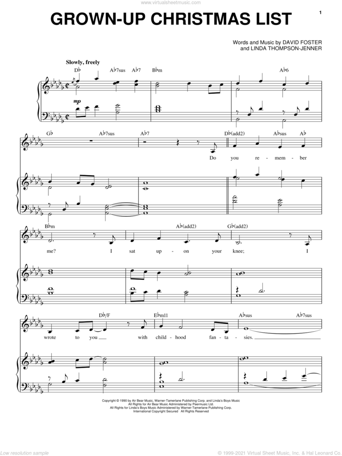 Grown-Up Christmas List sheet music for voice and piano by Barbra Streisand, Amy Grant, David Foster and Linda Thompson-Jenner, intermediate skill level