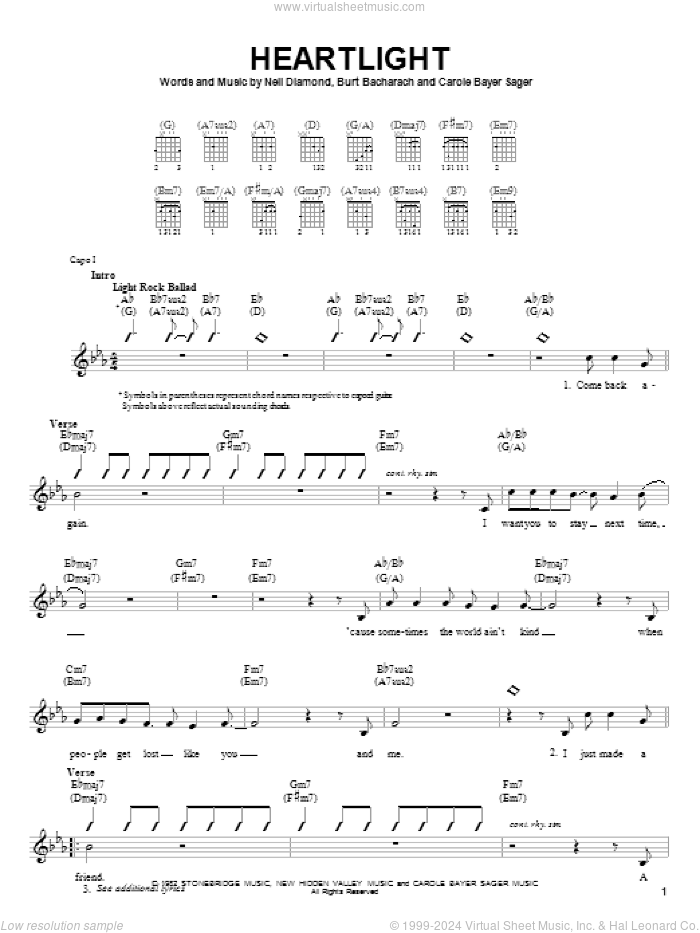 Heartlight sheet music for guitar solo (chords) by Neil Diamond, Burt Bacharach and Carole Bayer Sager, easy guitar (chords)