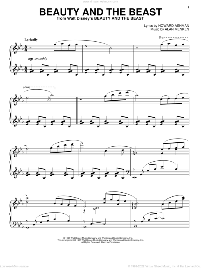 Beauty And The Beast sheet music for piano solo by Alan Menken & Howard Ashman, Beauty And The Beast, Celine Dion & Peabo Bryson, Alan Menken and Howard Ashman, intermediate skill level