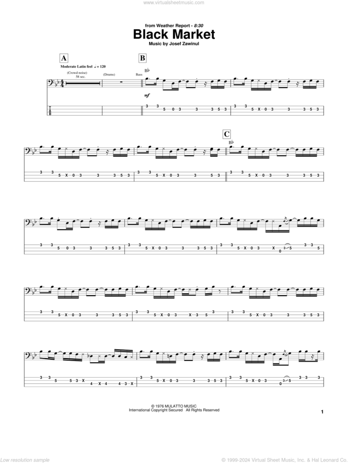 Black Market sheet music for bass (tablature) (bass guitar) by Jaco Pastorius, Weather Report and Josef Zawinul, intermediate skill level