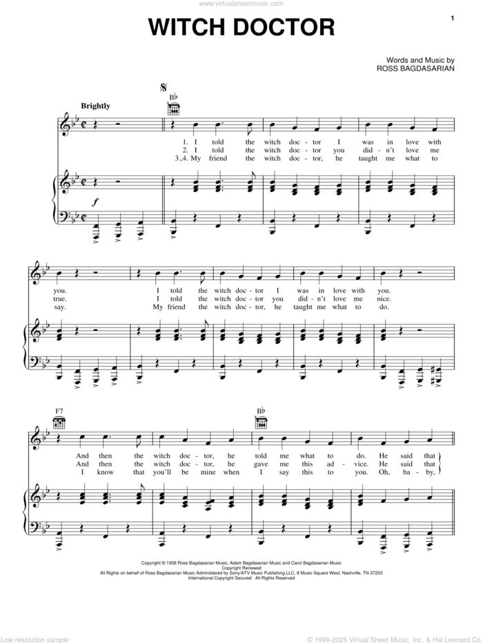 Witch Doctor sheet music for voice, piano or guitar by Alvin And The Chipmunks and Ross Bagdasarian, intermediate skill level