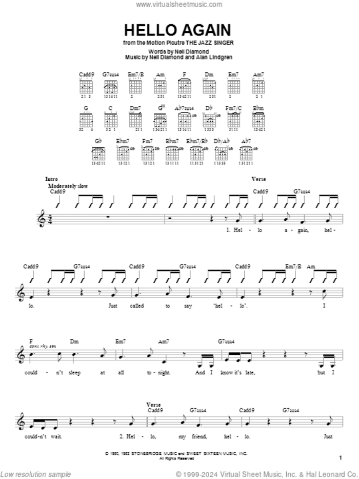 Hello Again sheet music for guitar solo (chords) by Neil Diamond and Alan Lindgren, easy guitar (chords)