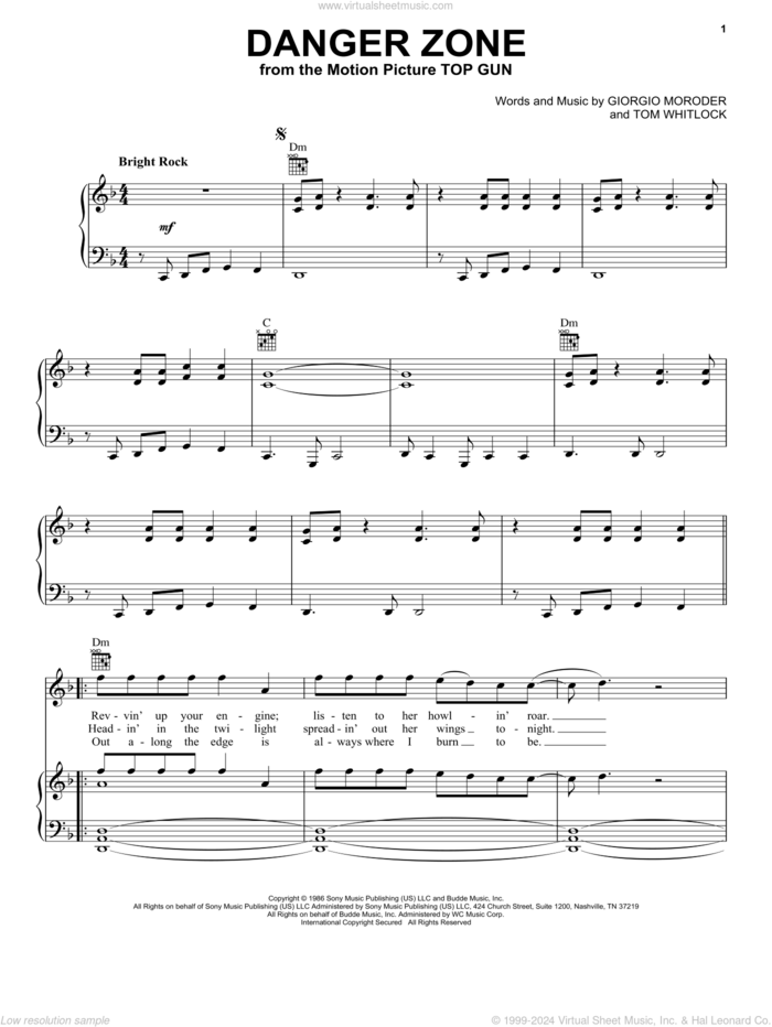 Danger Zone sheet music for voice, piano or guitar by Kenny Loggins, Giorgio Moroder and Tom Whitlock, intermediate skill level