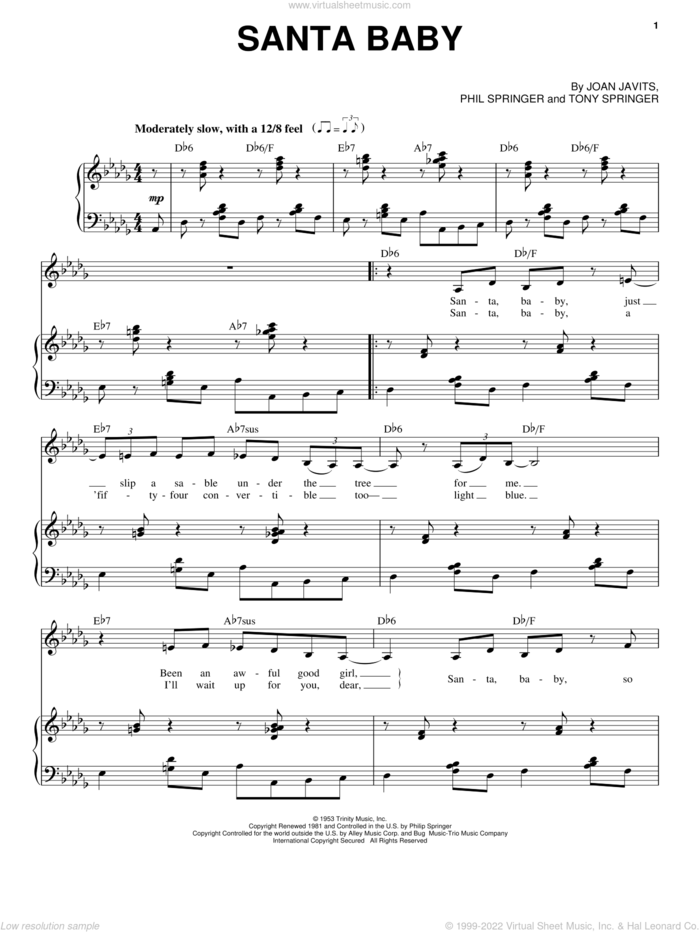 Santa Baby sheet music for voice and piano by Eartha Kitt, Joan Javits, Phil Springer and Tony Springer, intermediate skill level
