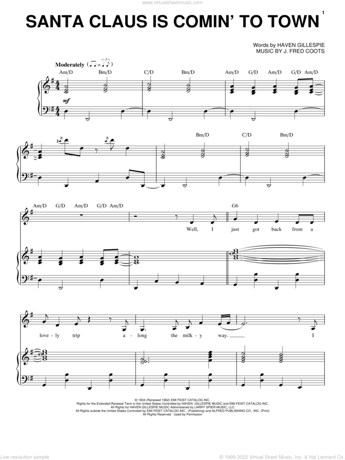 Santa Claus Is Comin' To Town sheet music for voice and piano by Wynonna Judd, Haven Gillespie and J. Fred Coots, intermediate skill level