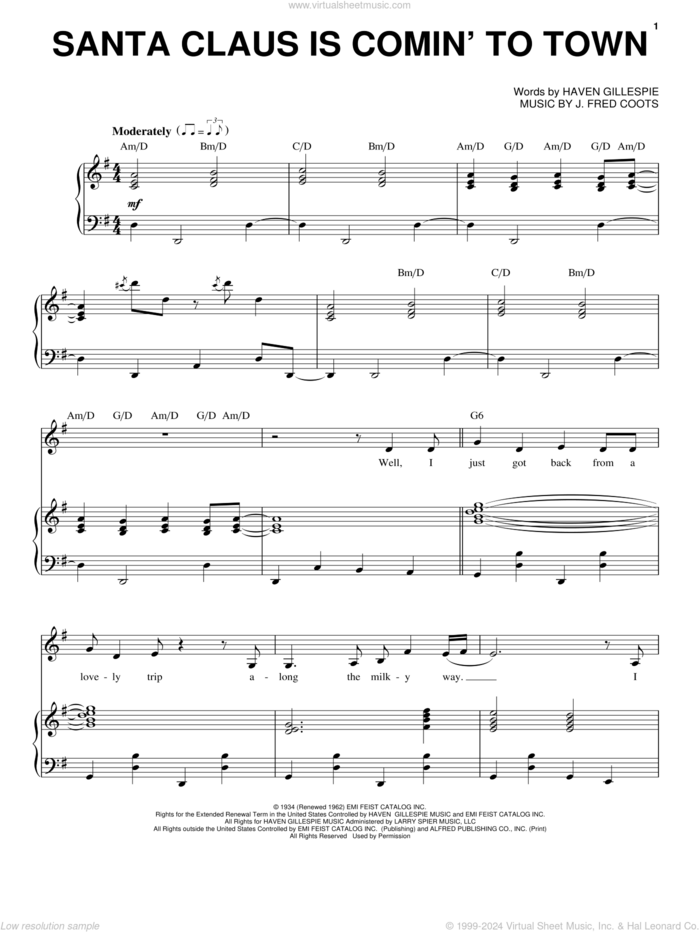 Santa Claus Is Comin' To Town sheet music for voice and piano by Wynonna Judd, Haven Gillespie and J. Fred Coots, intermediate skill level