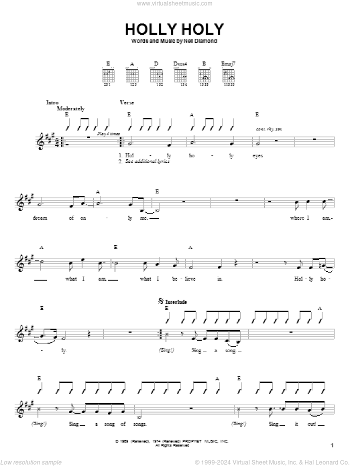 Holly Holy sheet music for guitar solo (chords) by Neil Diamond, easy guitar (chords)