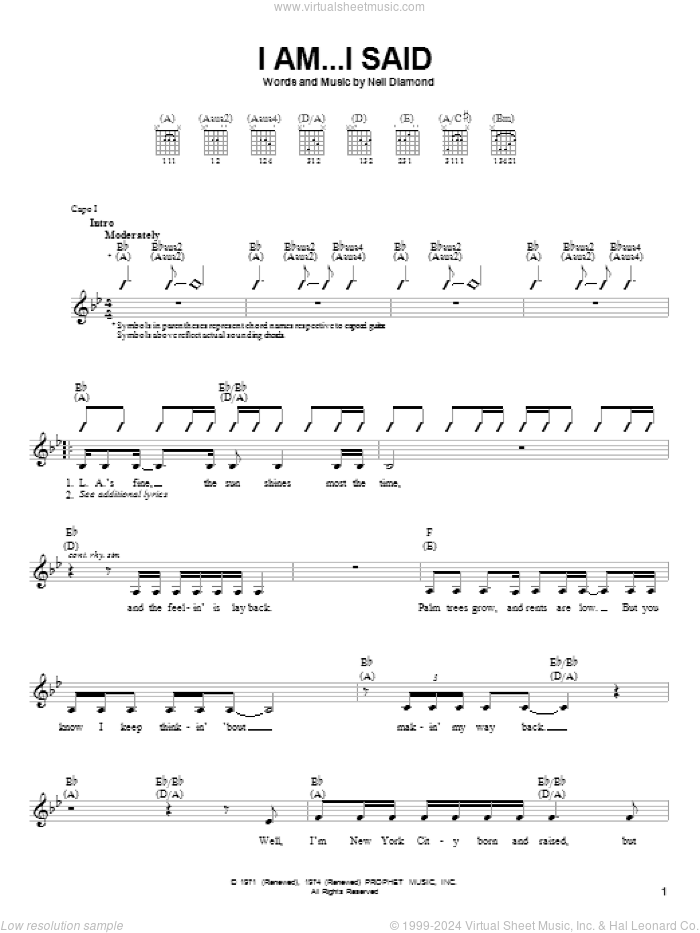 I Am...I Said sheet music for guitar solo (chords) by Neil Diamond, easy guitar (chords)