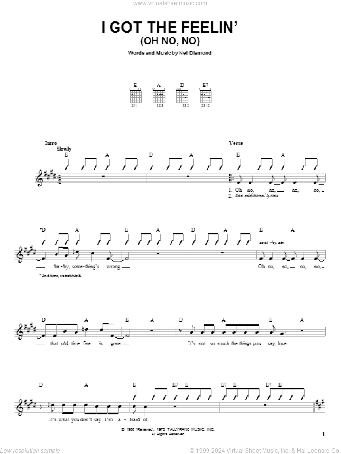 I Got The Feelin' (Oh No, No) sheet music for guitar solo (chords) by Neil Diamond, easy guitar (chords)