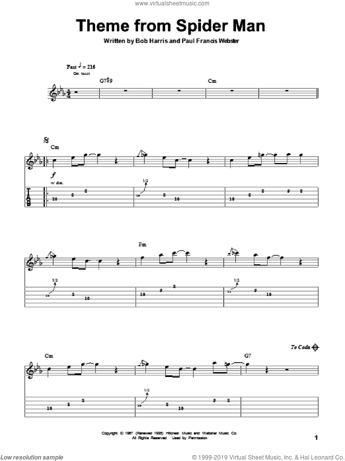 Theme From Spider-Man sheet music for guitar (tablature, play-along) by Paul Francis Webster and Bob Harris, intermediate skill level