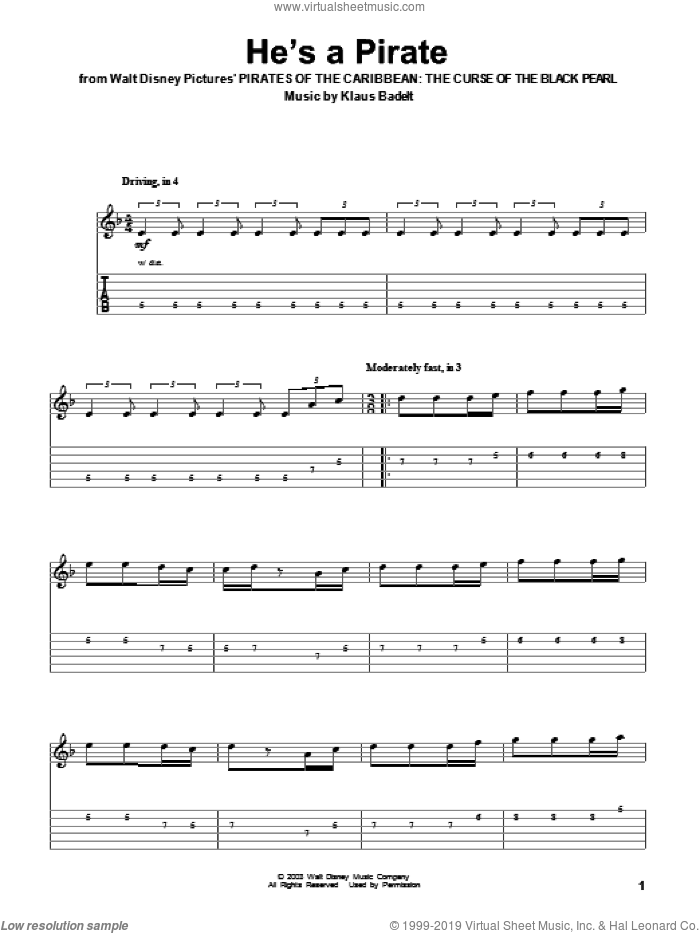 He's A Pirate (from Pirates Of The Caribbean: The Curse of the Black Pearl) sheet music for guitar (tablature, play-along) by Klaus Badelt and Pirates Of The Caribbean: The Curse Of The Black Pearl (Movie), intermediate skill level