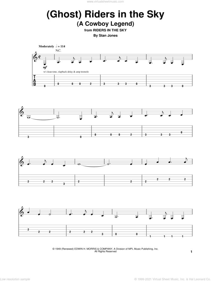 (Ghost) Riders In The Sky (A Cowboy Legend) sheet music for guitar (tablature, play-along) by Johnny Cash and Stan Jones, intermediate skill level