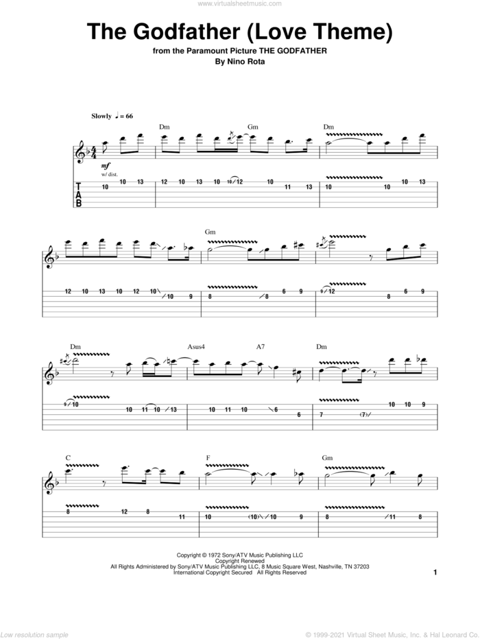 The Godfather (Love Theme) sheet music for guitar (tablature, play-along) by Nino Rota, intermediate skill level