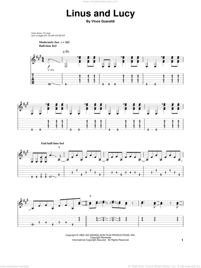 Linus And Lucy sheet music for guitar (tablature, play-along) by Vince Guaraldi, intermediate skill level