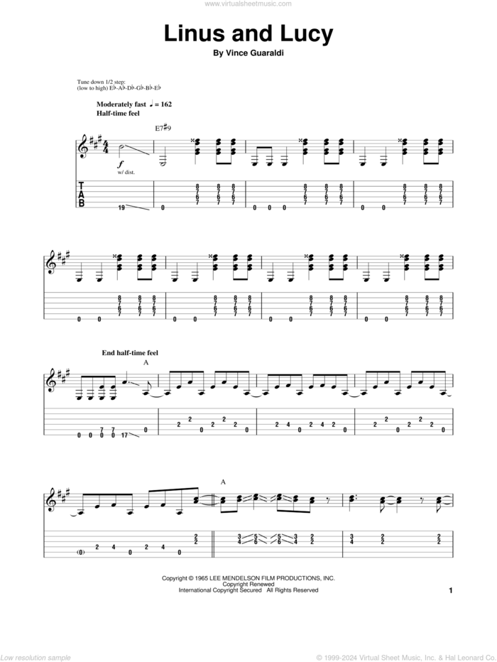 Linus And Lucy sheet music for guitar (tablature, play-along) by Vince Guaraldi, intermediate skill level