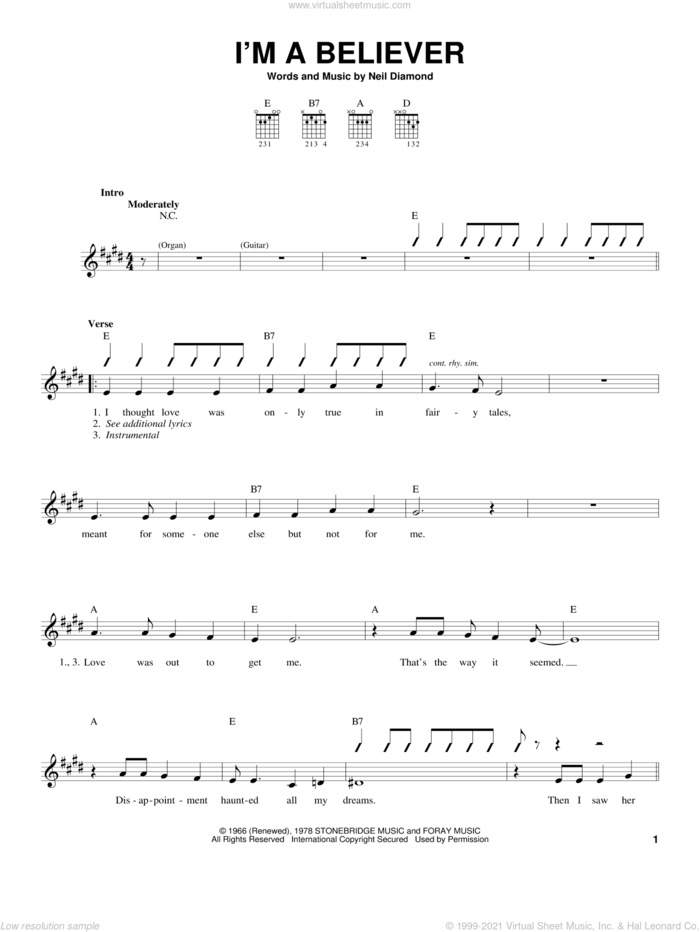 I'm A Believer sheet music for guitar solo (chords) by Neil Diamond and The Monkees, easy guitar (chords)