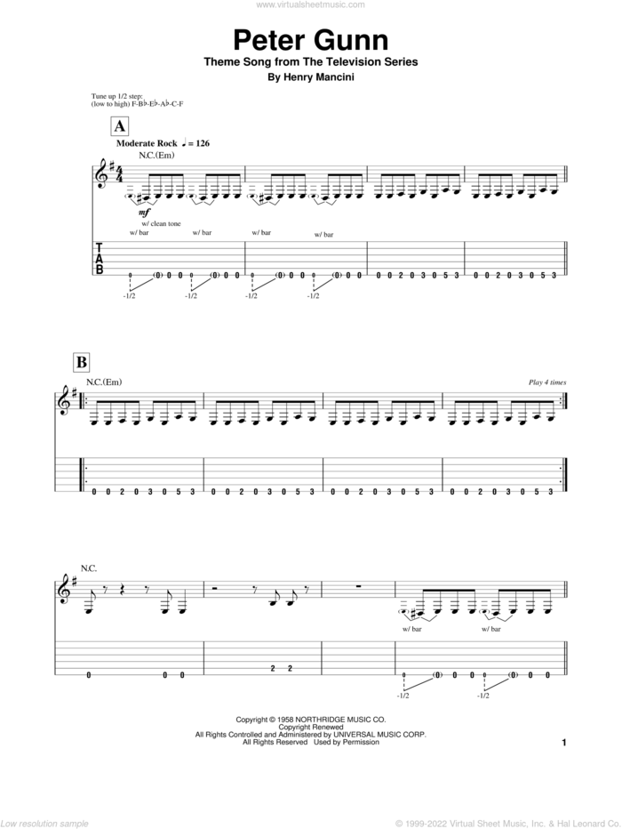 Peter Gunn Theme sheet music for guitar (tablature, play-along) by Henry Mancini, intermediate skill level