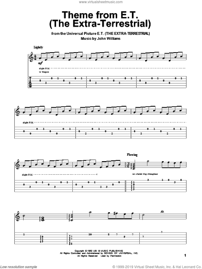 Theme From E.T. (The Extra-Terrestrial) sheet music for guitar (tablature, play-along) by John Williams, intermediate skill level