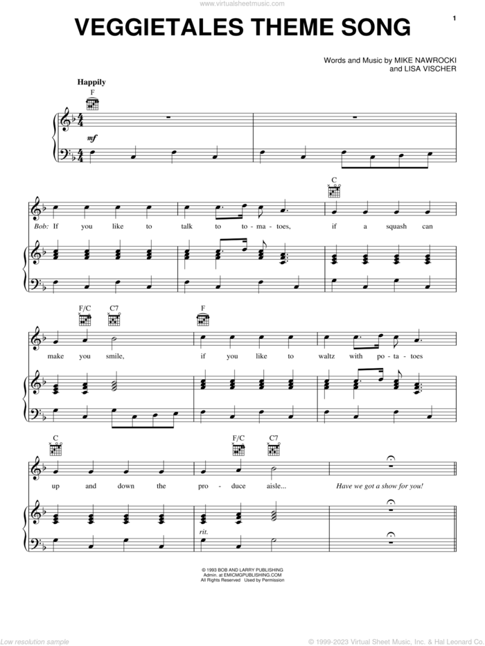 VeggieTales Theme Song sheet music for voice, piano or guitar by VeggieTales, Lisa Vischer and Mike Nawrocki, intermediate skill level
