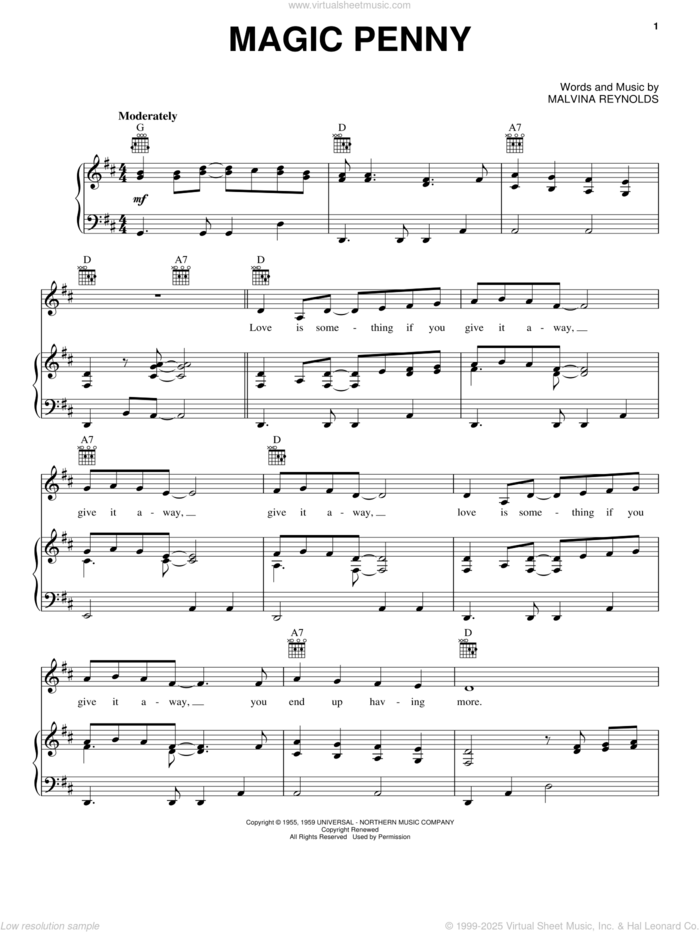 Magic Penny sheet music for voice, piano or guitar by Malvina Reynolds, intermediate skill level