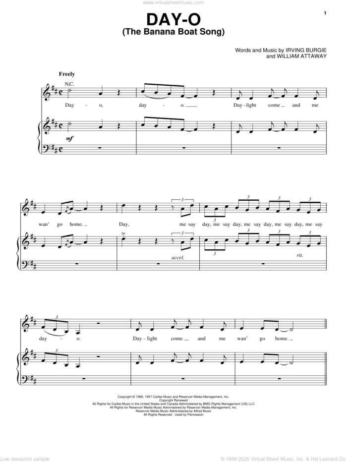 Day-O (The Banana Boat Song) sheet music for voice, piano or guitar by Harry Belafonte, Irving Burgie and William Attaway, intermediate skill level