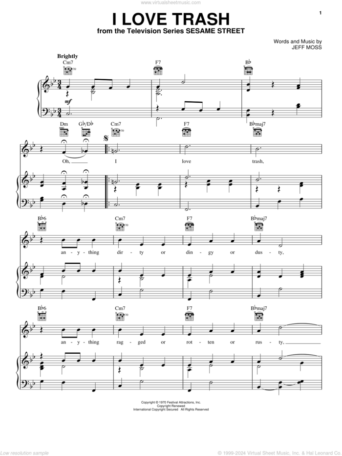 I Love Trash (from Sesame Street) sheet music for voice, piano or guitar by Jeff Moss, intermediate skill level