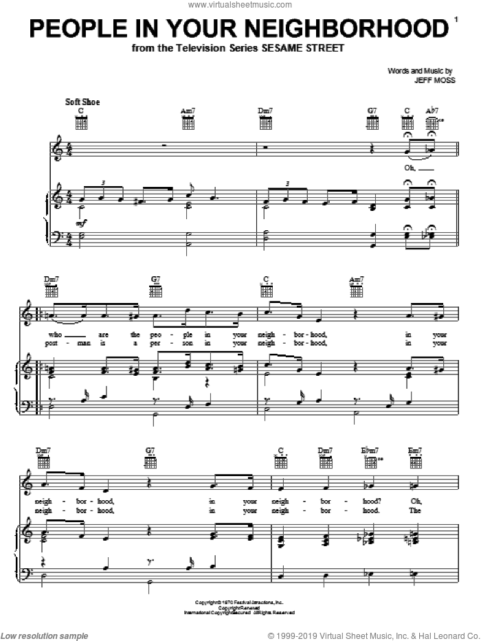 People In Your Neighborhood sheet music for voice, piano or guitar by Jeff Moss, intermediate skill level