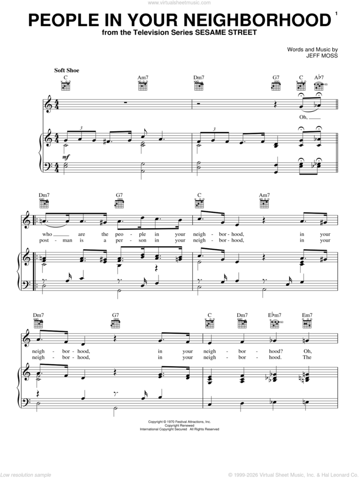 People In Your Neighborhood sheet music for voice, piano or guitar by Jeff Moss, intermediate skill level