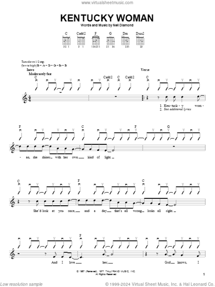 Kentucky Woman sheet music for guitar solo (chords) by Neil Diamond, easy guitar (chords)