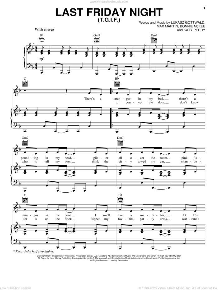 Last Friday Night (T.G.I.F.) sheet music for voice, piano or guitar by Katy Perry, Bonnie McKee, Lukasz Gottwald and Max Martin, intermediate skill level