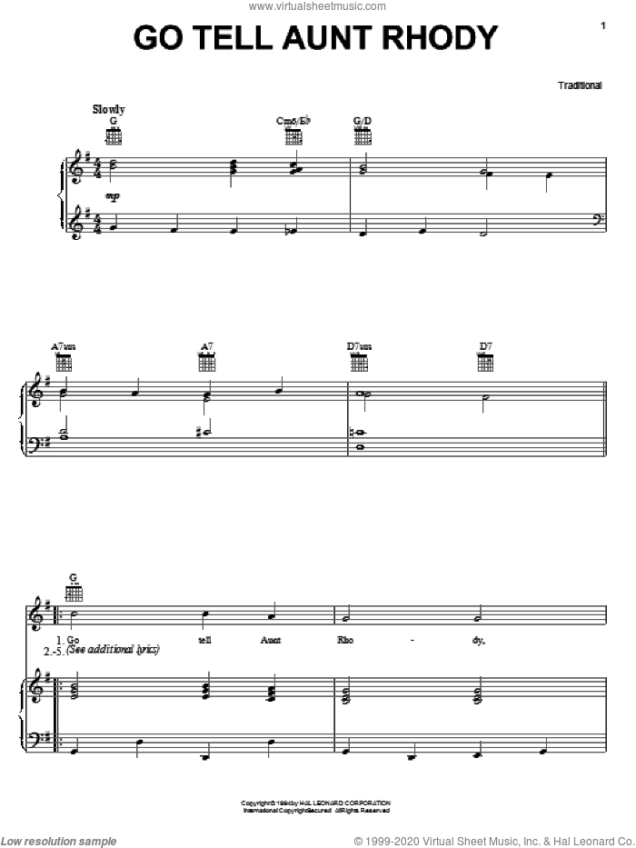 Go Tell Aunt Rhody sheet music for voice, piano or guitar, intermediate skill level